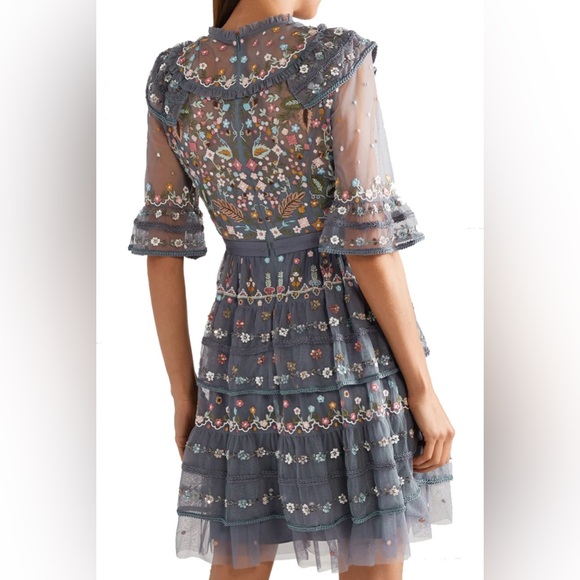 Needle & Thread Blue Paradise Floral Embroidered Tulle Mini Dress Size 2